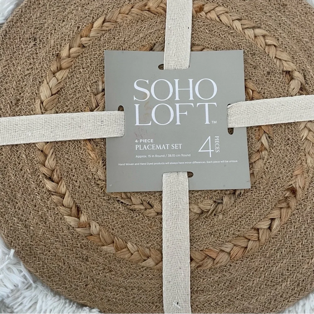 Soho Loft Jute 15” round placemats set of four NWT Boho Farmhouse
